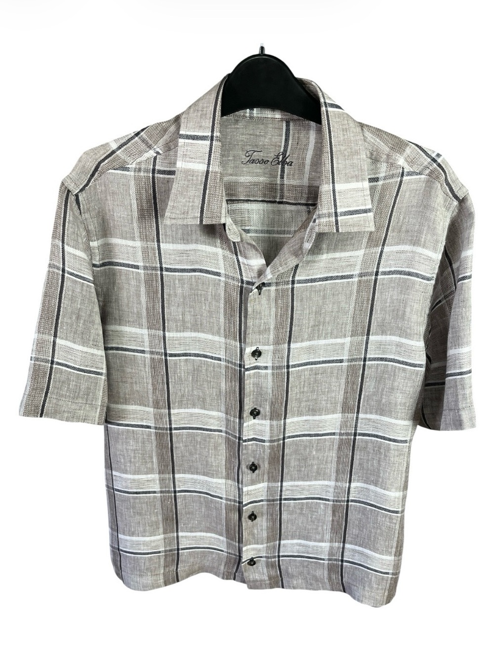 Tasso Elba Taupe and White Short-Sleeve Plaid Button-Down Shirt